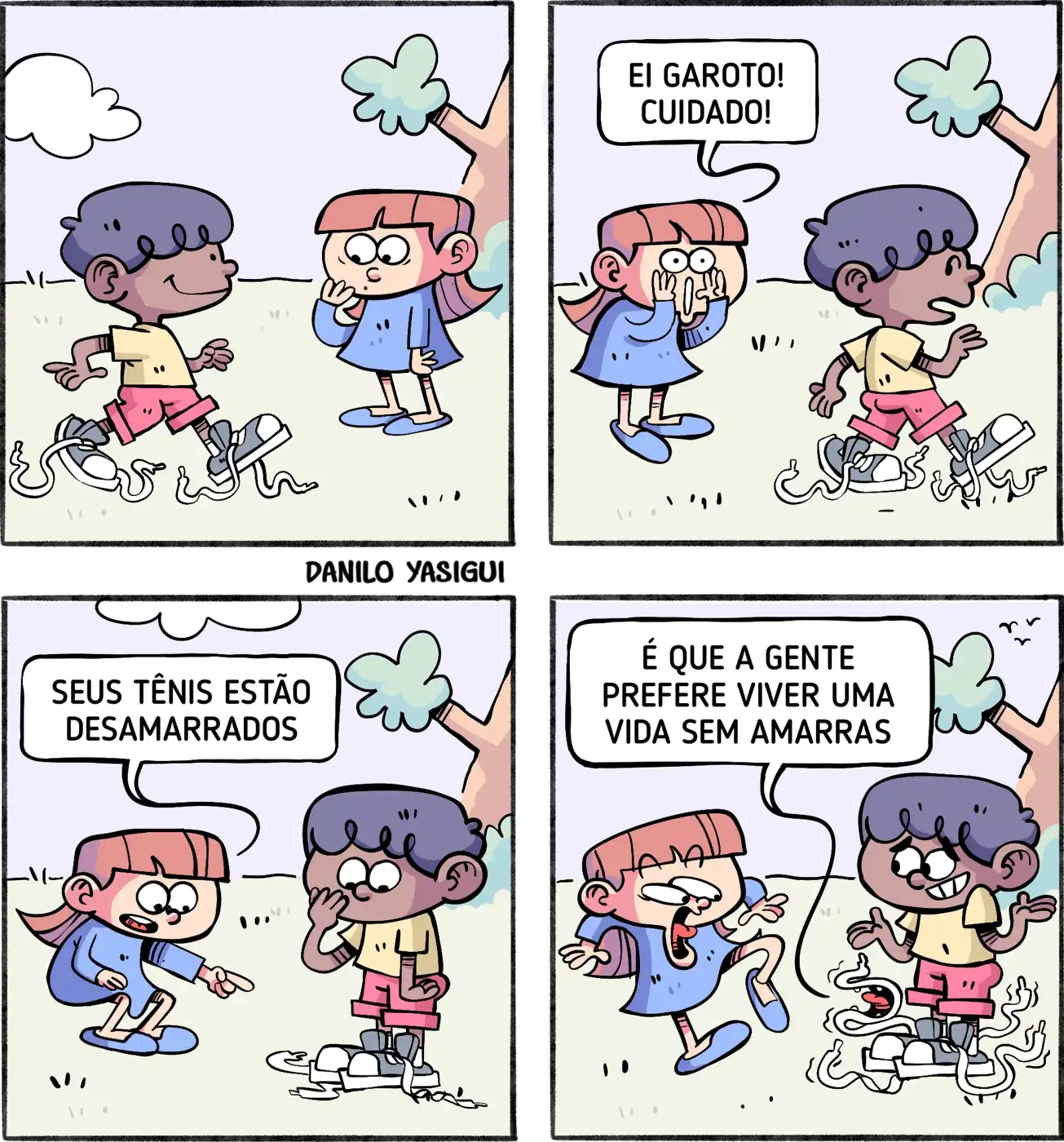 Tirinha mostra uma menina sonhando em ser cientista, enfrentando zombarias e dificuldades, mas recebendo apoio da mãe com um kit de ciência. Ao final, já adulta, ela realiza o sonho, trabalhando feliz em um laboratório.