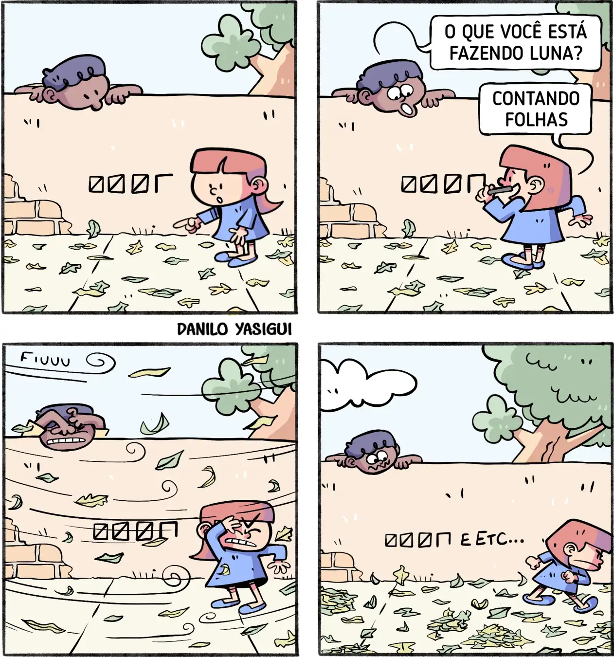 Uma menina está no quintal, marcando riscos na parede enquanto aponta para folhas no chão. Um menino observa por cima do muro e pergunta: “O que você está fazendo, Luna?”. Ela responde: “Contando folhas”. De repente, o vento sopra forte, espalhando muitas folhas pelo ar e pelo chão. Na última cena, ela continua tentando contar, escrevendo na parede: “etc…”, mostrando que ficou impossível acompanhar.