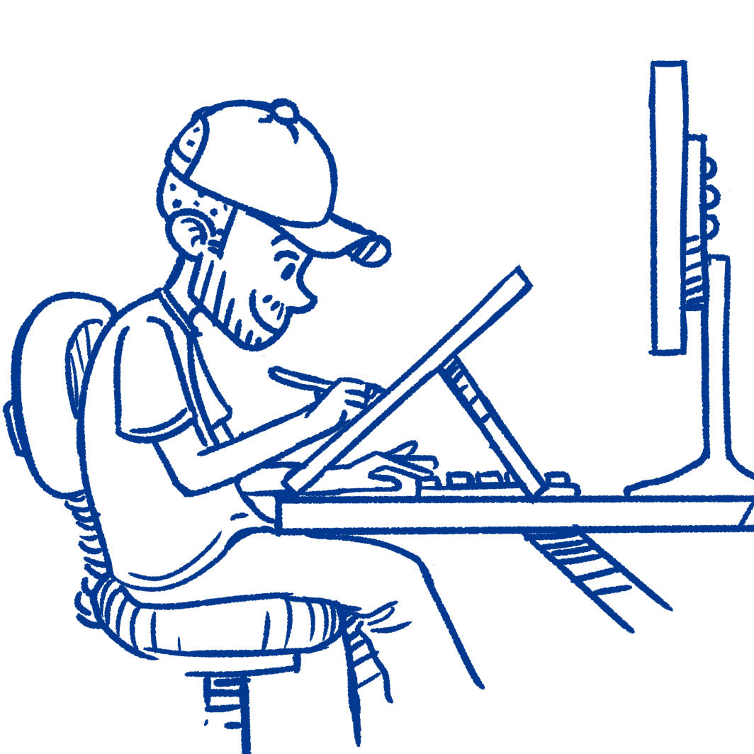 O ChatGPT disse:Desenho em traço azul mostrando um homem sentado em uma cadeira, concentrado em desenhar em uma mesa digitalizadora. Ele usa boné, camiseta e está de perfil, olhando para um monitor à sua frente, com expressão atenta e dedicada ao trabalho artístico.