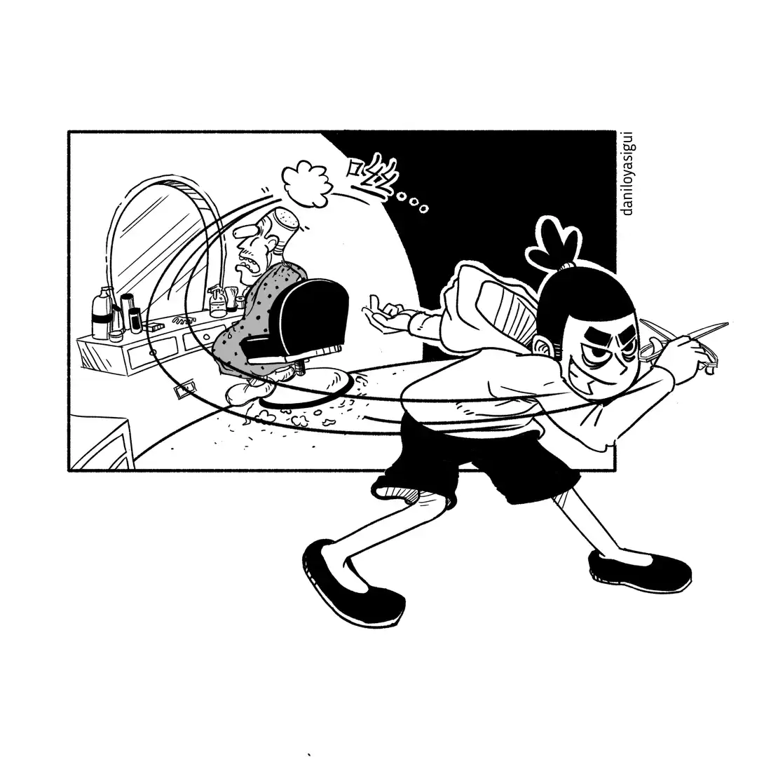 Cartum em preto e branco inspirado no anime Scissor Seven. Em primeiro plano, um personagem jovem com expressão determinada e cabelo preso em um coque, corre segurando uma tesoura como se fosse uma arma. Atrás dele, em segundo plano dentro de um espelho, um barbeiro idoso, aparentemente o alvo, está sentado em sua cadeira, assustado e surpreso. Há itens típicos de um salão de barbearia sobre a bancada. A cena sugere uma ação furtiva e cômica, característica do estilo do anime. Assinatura do artista "daniloyasigui" no canto direito.
