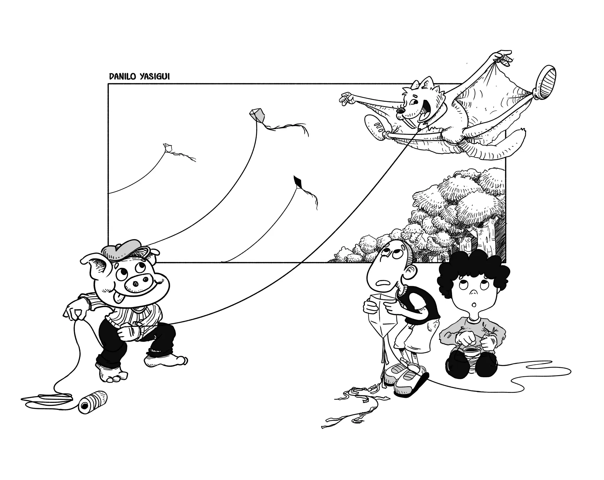 Cartum em preto e branco. À esquerda, um porquinho antropomorfizado com roupa de caipira e chapéu de palha empina um esquilo-voador como se fosse uma pipa. O esquilo, no ar, segura a pele de suas "asas" esticada como um planador natural, com expressão de entusiasmo. À direita, duas crianças observam a cena com espanto: uma está em pé segurando uma pipa comum, enquanto a outra está sentada enrolando linha, ambas olhando para o céu, incrédulas. Ao fundo, há árvores e uma casa, sugerindo um cenário campestre. A assinatura “Danilo Yasigui” aparece no canto superior esquerdo.