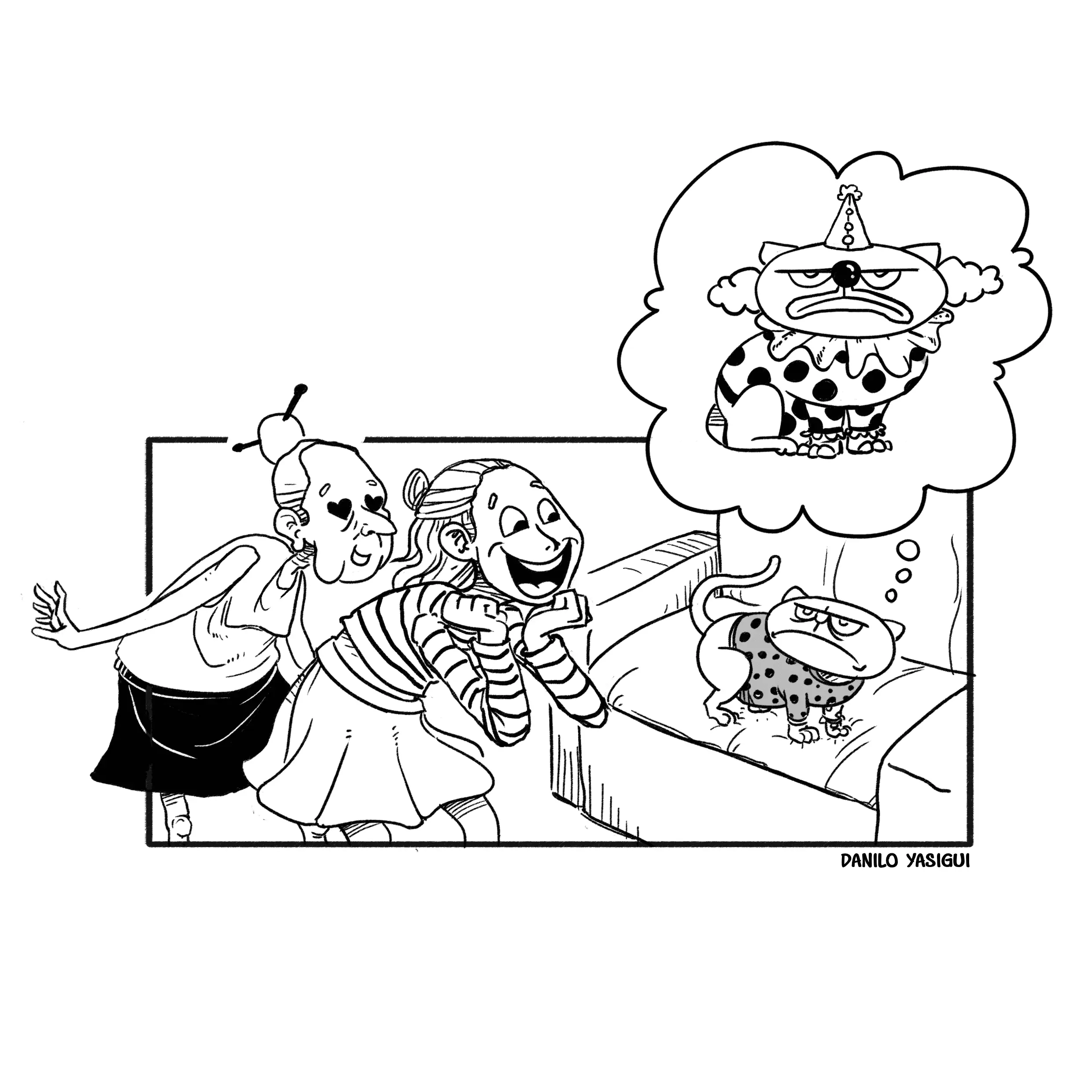 Cartum em preto e branco. À esquerda, um porquinho antropomorfizado com roupa de caipira e chapéu de palha empina um esquilo-voador como se fosse uma pipa. O esquilo, no ar, segura a pele de suas "asas" esticada como um planador natural, com expressão de entusiasmo. À direita, duas crianças observam a cena com espanto: uma está em pé segurando uma pipa comum, enquanto a outra está sentada enrolando linha, ambas olhando para o céu, incrédulas. Ao fundo, há árvores e uma casa, sugerindo um cenário campestre. A assinatura “Danilo Yasigui” aparece no canto superior esquerdo.