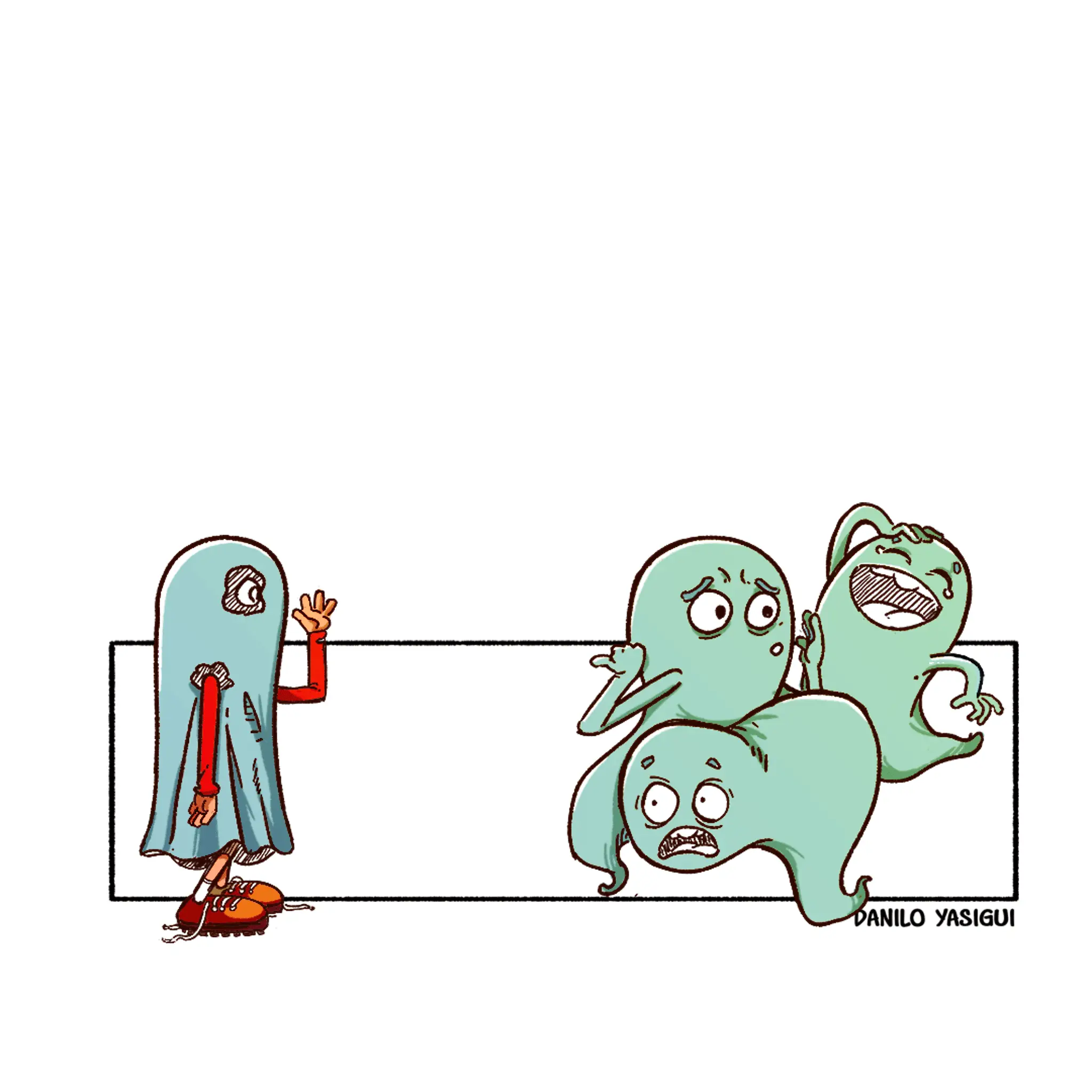 Desenho de três fantasmas assustados olhando para um 'fantasma' estranho que está acenando para eles. Esse 'fantasma' é, na verdade, uma pessoa disfarçada com um lençol azul claro, sapatos vermelhos visíveis e uma luva vermelha, revelando que não é um verdadeiro fantasma. Os três fantasmas verdadeiros têm expressões de choque, medo e confusão.