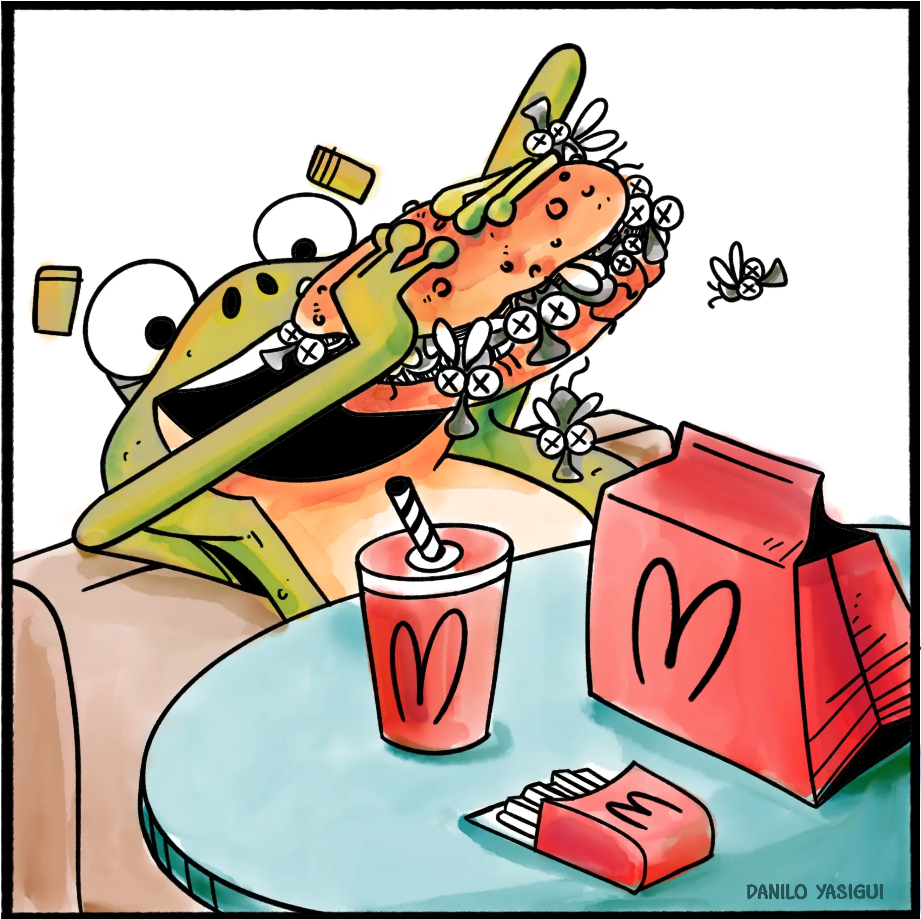 O ChatGPT disse: Um cartum colorido mostra um sapo antropomorfizado sentado à mesa de uma lanchonete, com embalagem, batata frita e refrigerante em copos e caixas vermelhas com o símbolo de “M” semelhante ao do McDonald’s. Ele segura e morde um enorme hambúrguer repleto de moscas, muitas delas com “X” nos olhos indicando que estão mortas. Algumas moscas ainda voam ao redor do sanduíche, enquanto o sapo come com entusiasmo.