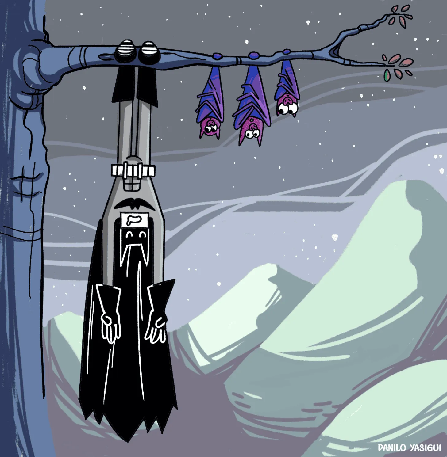 Cartum cômico ambientado à noite. Em um galho de árvore, três morcegos roxos estão pendurados de cabeça para baixo, como é natural para eles. Ao lado deles, também pendurado no galho, está o Batman estilizado de forma caricata, igualmente de cabeça para baixo, com expressão desconfortável. A cena brinca com a ideia de que, por ser associado a morcegos, o Batman tentaria agir como um — literalmente. A assinatura “Danilo Yasigui” aparece no canto inferior direito.