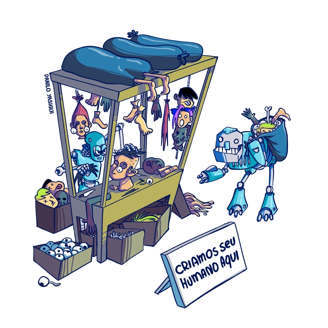O cartum mostra um robô azul sorridente segurando um saco cheio de partes de corpo humano enquanto aponta para uma banca repleta de pedaços humanos. Na banca, há braços, pernas, cabeças e torsos pendurados ou expostos, além de caixas contendo olhos, cabelos e outros órgãos. No chão, um cartaz traz a frase “CRIAMOS SEU HUMANO AQUI”. A cena é ilustrada em estilo cartunesco, misturando humor e um toque macabro.