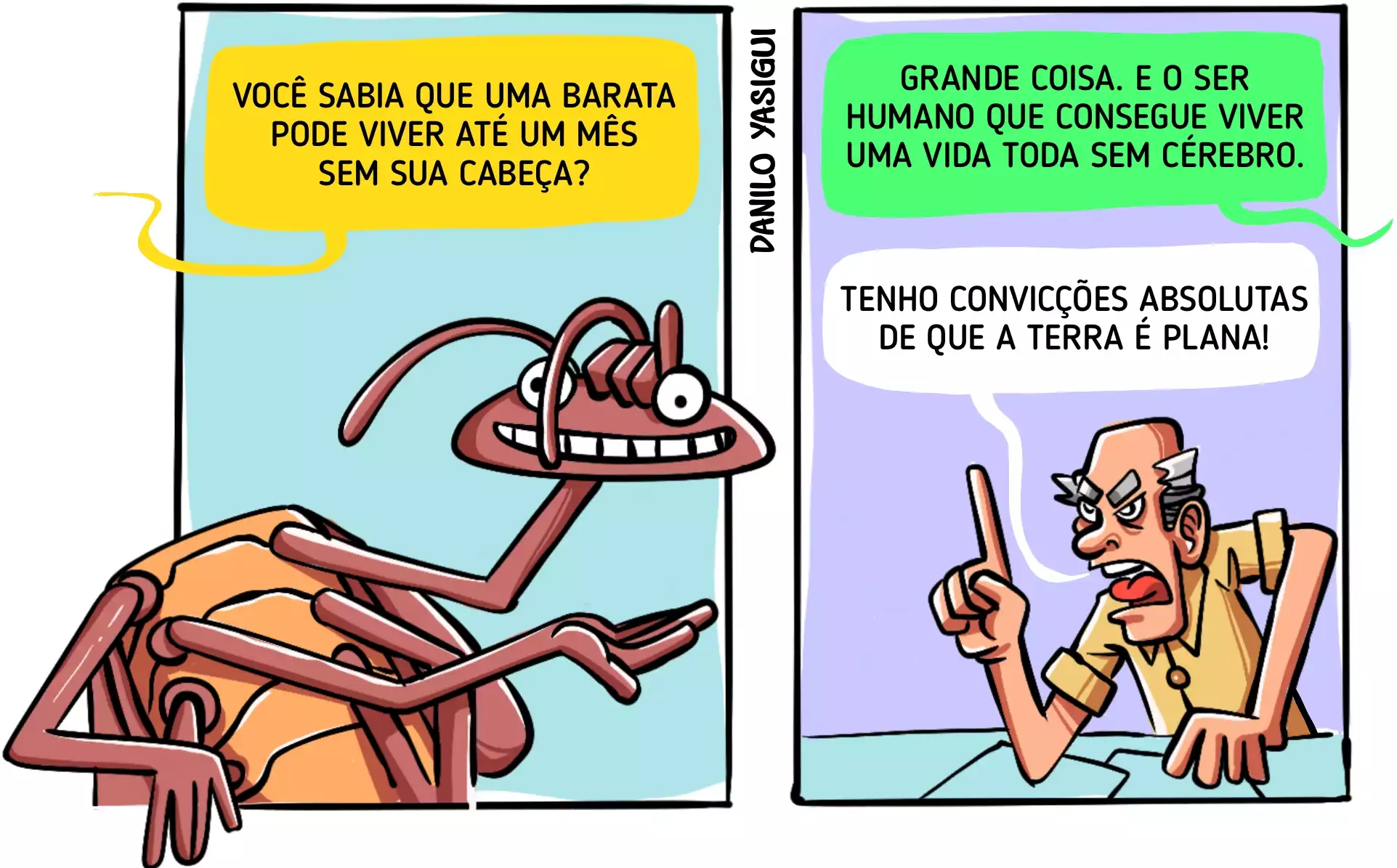 O cartum é dividido em dois quadros. No primeiro, uma barata antropomorfizada, sorridente e gesticulando, diz: “Você sabia que uma barata pode viver até um mês sem sua cabeça?”. No segundo quadro, um homem calvo e de expressão irritada responde: “Grande coisa. E o ser humano que consegue viver uma vida toda sem cérebro.”. Logo abaixo, o mesmo homem, com dedo em riste, afirma: “Tenho convicções absolutas de que a Terra é plana!”.