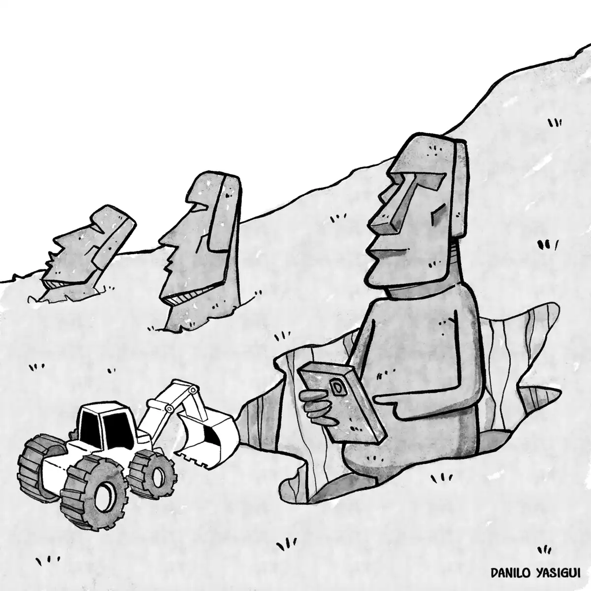 Imagem em preto e branco no estilo de tirinha humorística. Mostra estátuas semelhantes aos Moais da Ilha de Páscoa parcialmente enterradas em uma encosta. No canto direito, uma das estátuas foi desenterrada por uma escavadeira e revela ter um corpo completo, sentado e segurando um celular com as duas mãos, olhando para a tela. A cena sugere uma descoberta inusitada e divertida, brincando com a ideia de que essas estátuas antigas estariam usando tecnologia moderna.