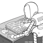 Um robô humanoide está sentado à mesa escrevendo em um diário com uma caneta-tinteiro. No caderno, em vez de palavras, as páginas estão preenchidas apenas com sequências de números binários (0 e 1). Ao lado, há um frasco de tinta rotulado como "INK". A cena transmite humor ao mostrar um robô registrando seus pensamentos ou memórias em linguagem binária, como se fosse seu diário pessoal.