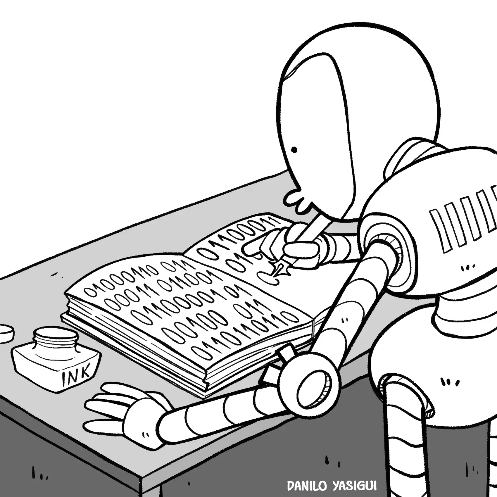 Um robô humanoide está sentado à mesa escrevendo em um diário com uma caneta-tinteiro. No caderno, em vez de palavras, as páginas estão preenchidas apenas com sequências de números binários (0 e 1). Ao lado, há um frasco de tinta rotulado como "INK". A cena transmite humor ao mostrar um robô registrando seus pensamentos ou memórias em linguagem binária, como se fosse seu diário pessoal.