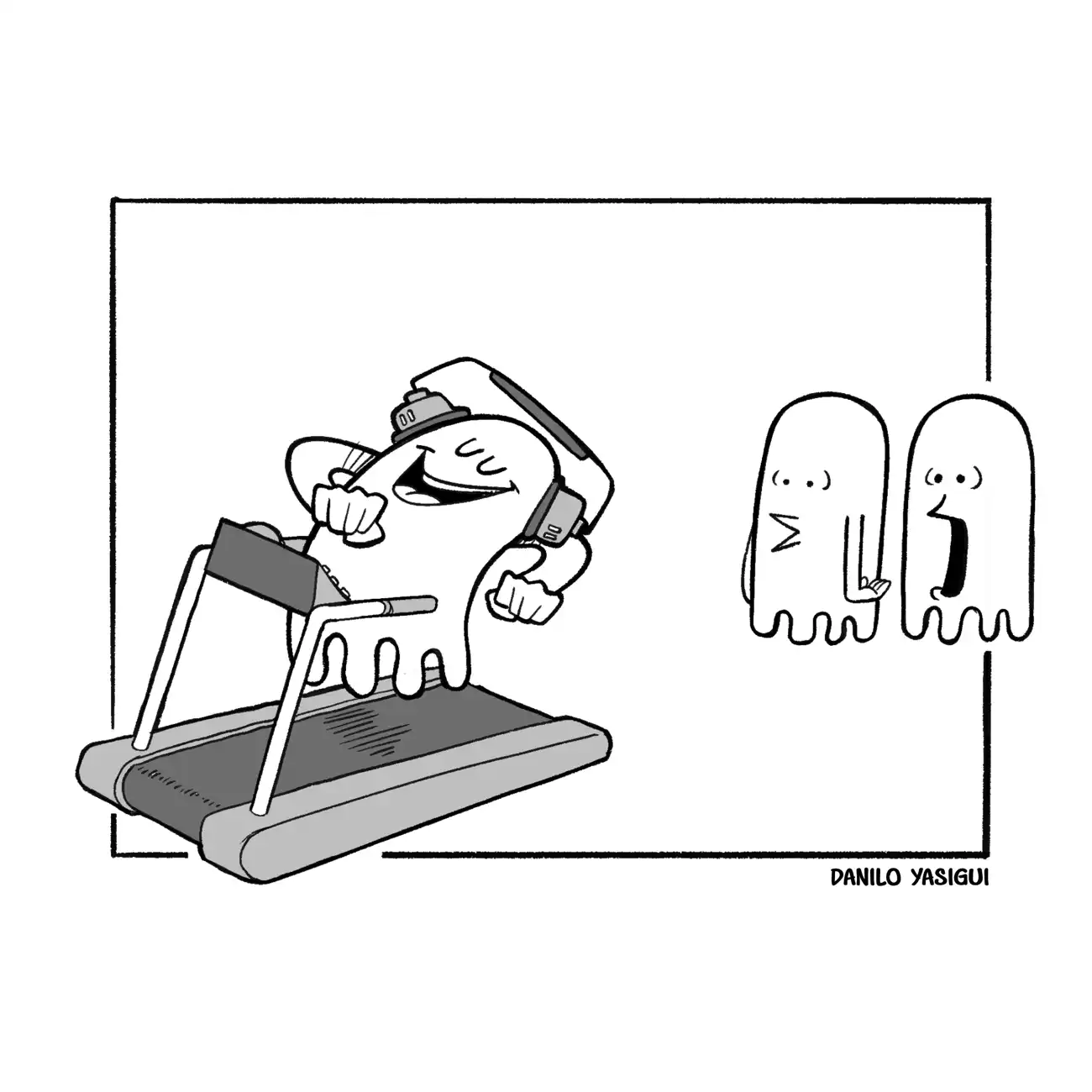 Ilustração em preto e branco de três fantasminhas estilo cartoon. À esquerda, um fantasma animado corre em uma esteira usando fones de ouvido, como se estivesse na academia. À direita, dois outros fantasmas o observam com expressões de surpresa e espanto. A piada visual está no contraste: fantasmas, por serem incorpóreos, não deveriam precisar fazer exercícios físicos. A cena brinca com o absurdo de um fantasma levando uma vida fitness.