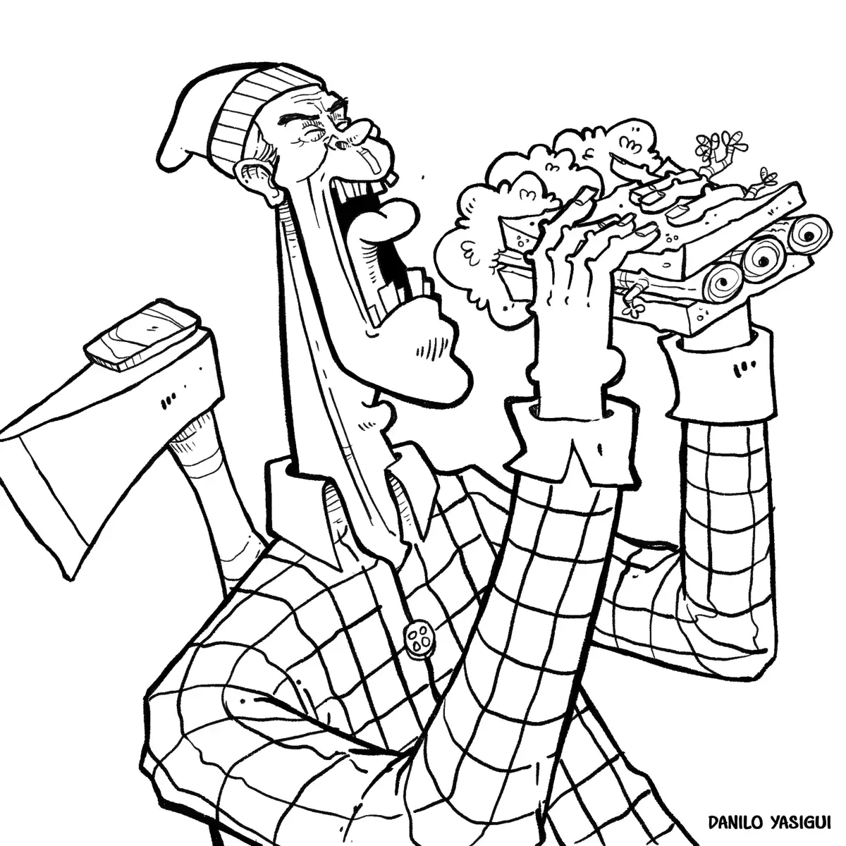 O ChatGPT disse: Cartum em preto e branco de estilo caricatural. Um lenhador de camisa xadrez e gorro, com um machado preso nas costas, aparece com a boca aberta em expressão exagerada, prestes a dar uma mordida em um sanduíche gigante. O curioso é que o sanduíche não tem recheio comum: ele é feito de árvores, arbustos, flores e até um pequeno lago com peixes, representando a natureza inteira compactada como alimento. A cena mistura humor e crítica, sugerindo a ideia de devorar a própria natureza.