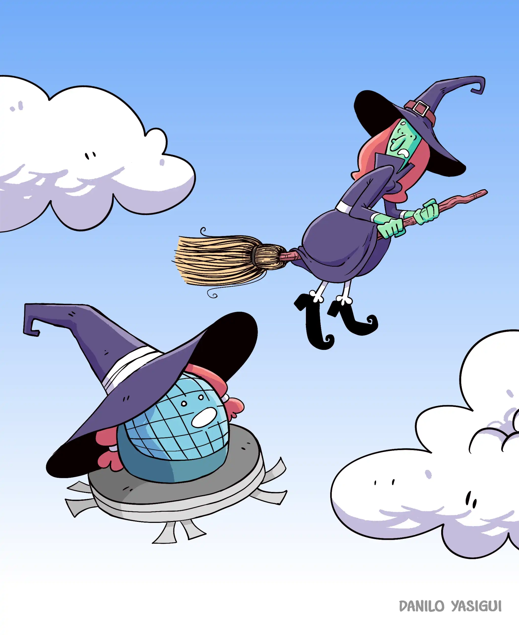 Uma bruxa tradicional, de pele verde e chapéu pontudo, voa no céu montada em sua vassoura. Ao lado dela, uma versão moderna aparece: um aspirador robô de chão (tipo Roomba) com chapéu de bruxa e cabelo rosa preso, também flutuando no ar como se fosse uma bruxa.