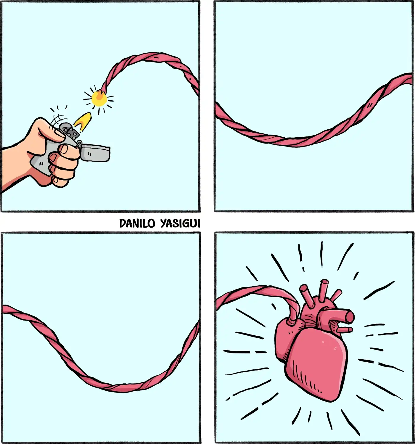 Quadrinho ilustrado por Danilo Yasigui, dividido em quatro quadros. No primeiro, uma mão acende um isqueiro e coloca fogo em uma corda vermelha. Nos quadros seguintes, a corda se estende e queima como um pavio. No último quadro, a corda termina em um coração anatômico, que brilha intensamente como se tivesse sido ativado pela chama.