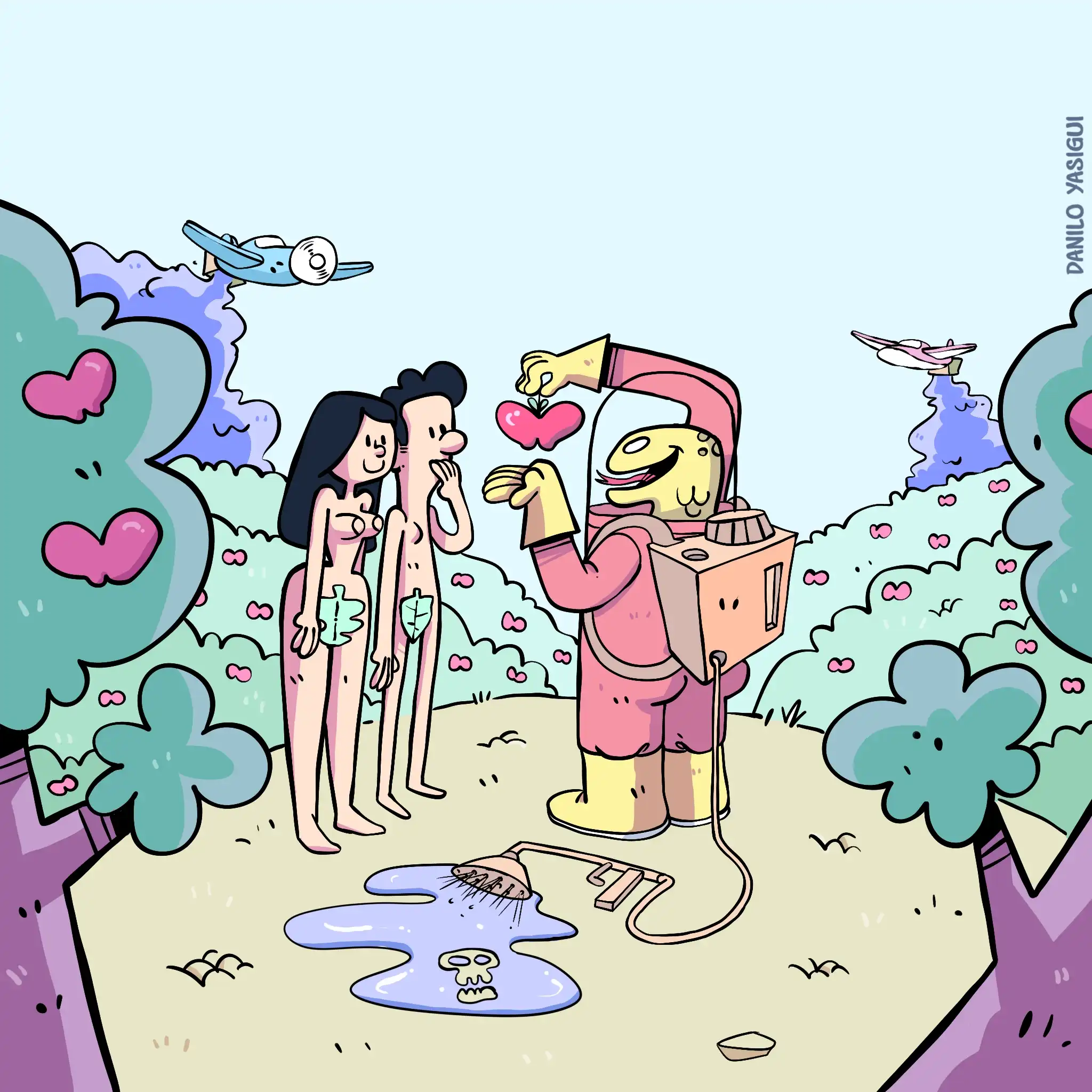 Cartum colorido inspirado na história de Adão e Eva. O casal nu, coberto apenas por folhas, observa uma cobra em traje de proteção química que oferece uma maçã vermelha. As árvores ao redor estão cheias de maçãs e no céu aviões liberam rastros de fumaça. No chão, uma poça azul com símbolo de caveira se conecta ao tanque da cobra, sugerindo veneno. A imagem faz uma crítica à contaminação e artificialização do alimento, mostrando a tentação do “fruto proibido” em versão tóxica e industrializada.