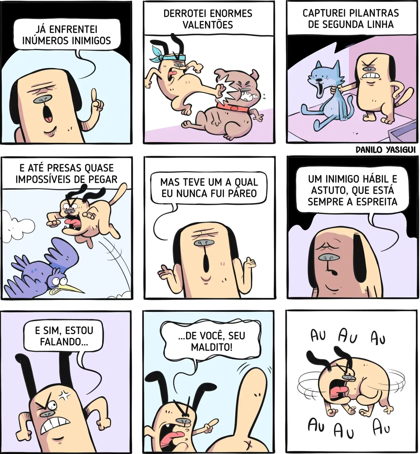 Um cachorro faz um discurso heroico lembrando de suas vitórias: aparece enfrentando um cachorro maior, segurando um gato e tentando pegar um pássaro no ar. Em seguida, fica sério e admite que existe um inimigo que nunca conseguiu vencer, um adversário astuto sempre à espreita. Ele então revela que se trata do próprio rabo e, no final, surge rodando em círculos, latindo enquanto tenta mordê-lo.