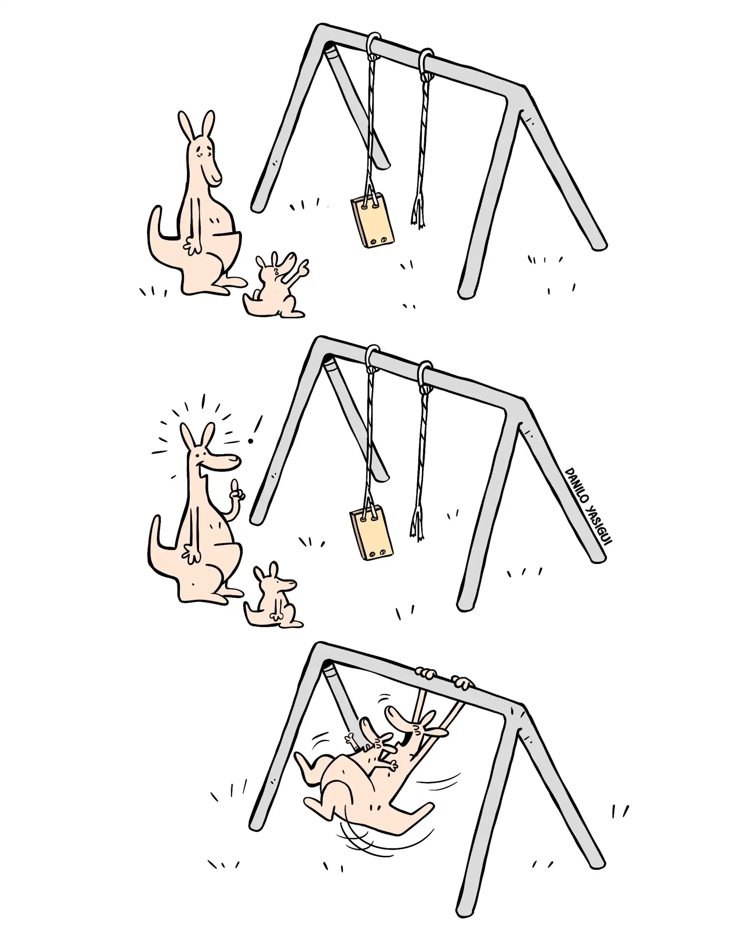 Tira em três quadros com um canguru adulto e um filhote diante de um balanço de parque quebrado — um dos assentos está caído no chão, preso por apenas uma corda. No primeiro quadro, os dois apenas observam o balanço inutilizado. No segundo, o canguru adulto tem uma ideia, indicada por linhas ao redor da cabeça, enquanto o filhote observa. No terceiro quadro, o canguru adulto se pendura de cabeça para baixo na estrutura metálica, usando o próprio corpo como substituto do balanço, enquanto o filhote, dentro da bolsa, balança junto e se diverte.